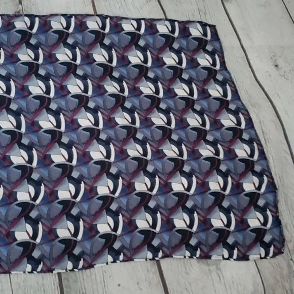 Vintage Oversized Abstract Art Blue Gray Rolled Hem Scarf